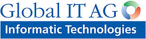 Global IT AG Logo: schwarzer Schriftzug auf weißem Grund, rechts ein stilisierter Kreislauf mit Pfeilen in grün, blau und rot 
