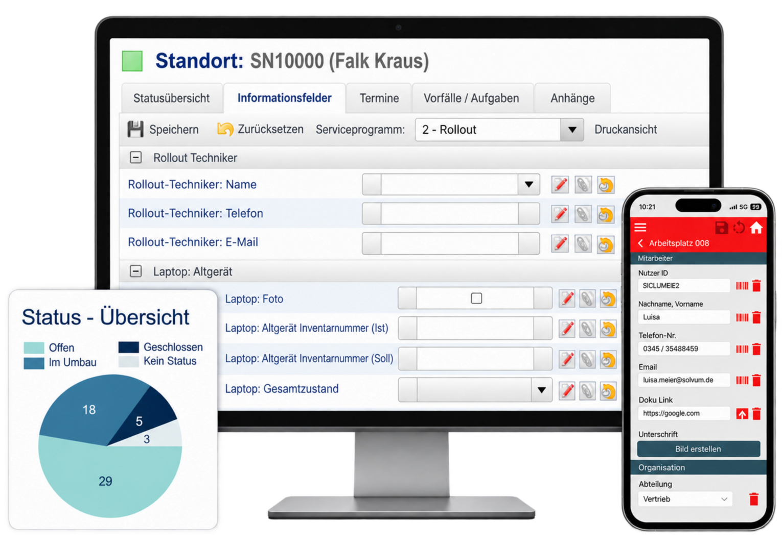Abbildung der Rollout-Software, mit Bildschirm, Statusübersicht und Smartphone